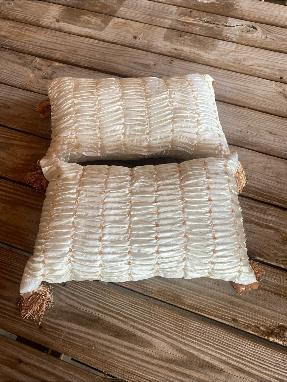 Set of 2 Cream Beaded Pleated Satin Decorative Pillows with Tassels